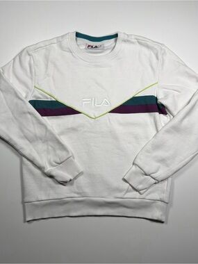 Fila White Crewneck Sweater with Teal Purple & Lime Accents Modern Retro style